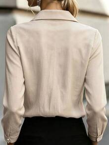 RosyDaze Women's Solid Color Pleated Design Long Sleeve Single-Breasted Casual Shirt - Apricot - View 2
