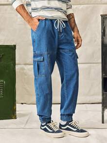 Norleigh Loose Drawstring Solid Color Men's Jogger Cargo Jeans With Flap Pockets On Sides - Medium Wash - View 3