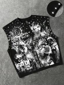 ROMWE MEN Grunge Punk Men's Loose Fit Tank Top With Rivet Decor And Print - Black - View 1