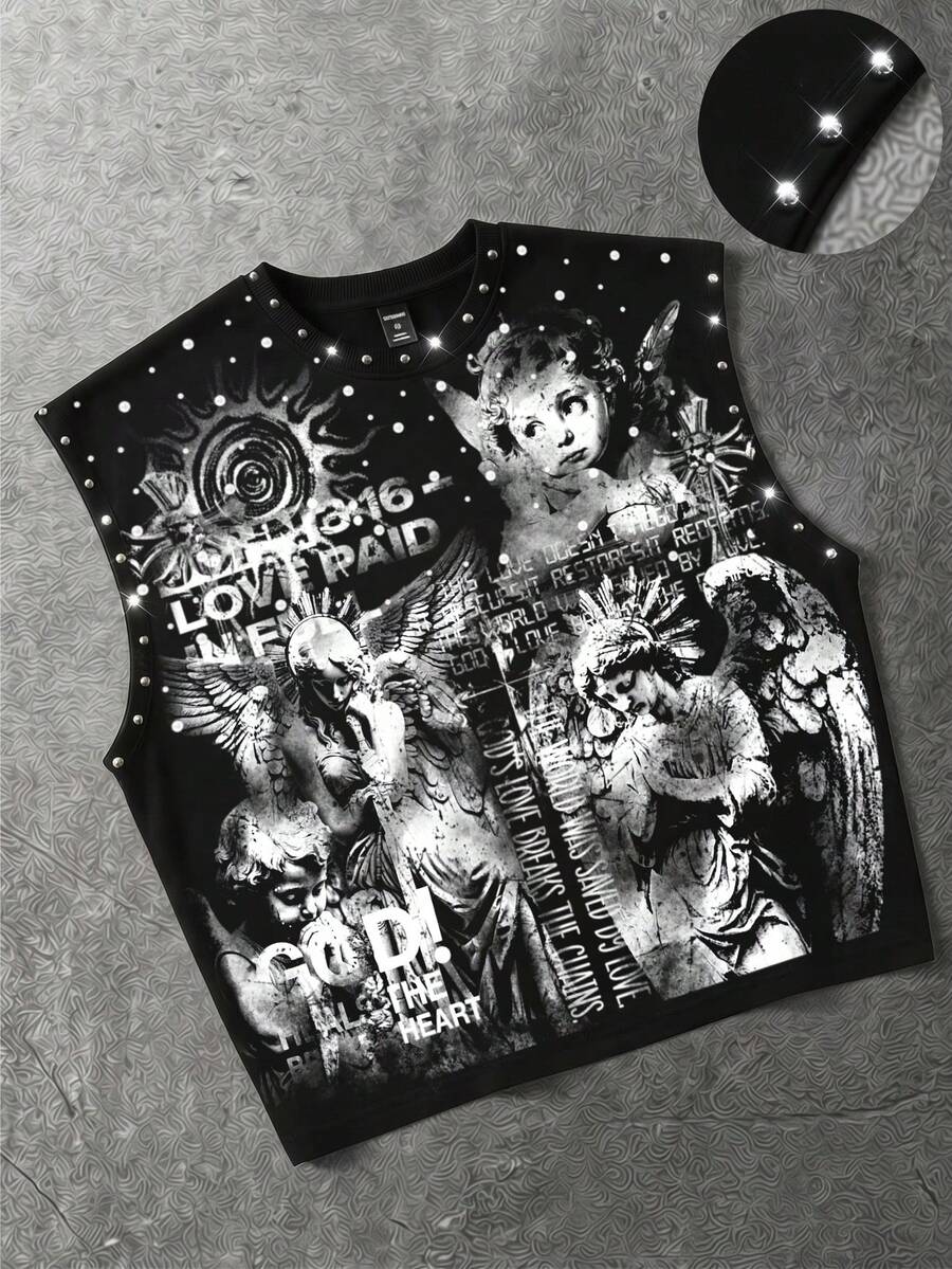 ROMWE MEN Grunge Punk Men's Loose Fit Tank Top With Rivet Decor And Print - Black - View 1