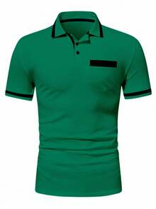 Calvornis 男士夏季休閒拼色飾邊短袖 Polo 衫 - 綠色 - 查看 4