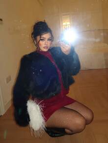 GalTyme Plus Size Loose Cropped Faux Fur Jacket - Black - View 6