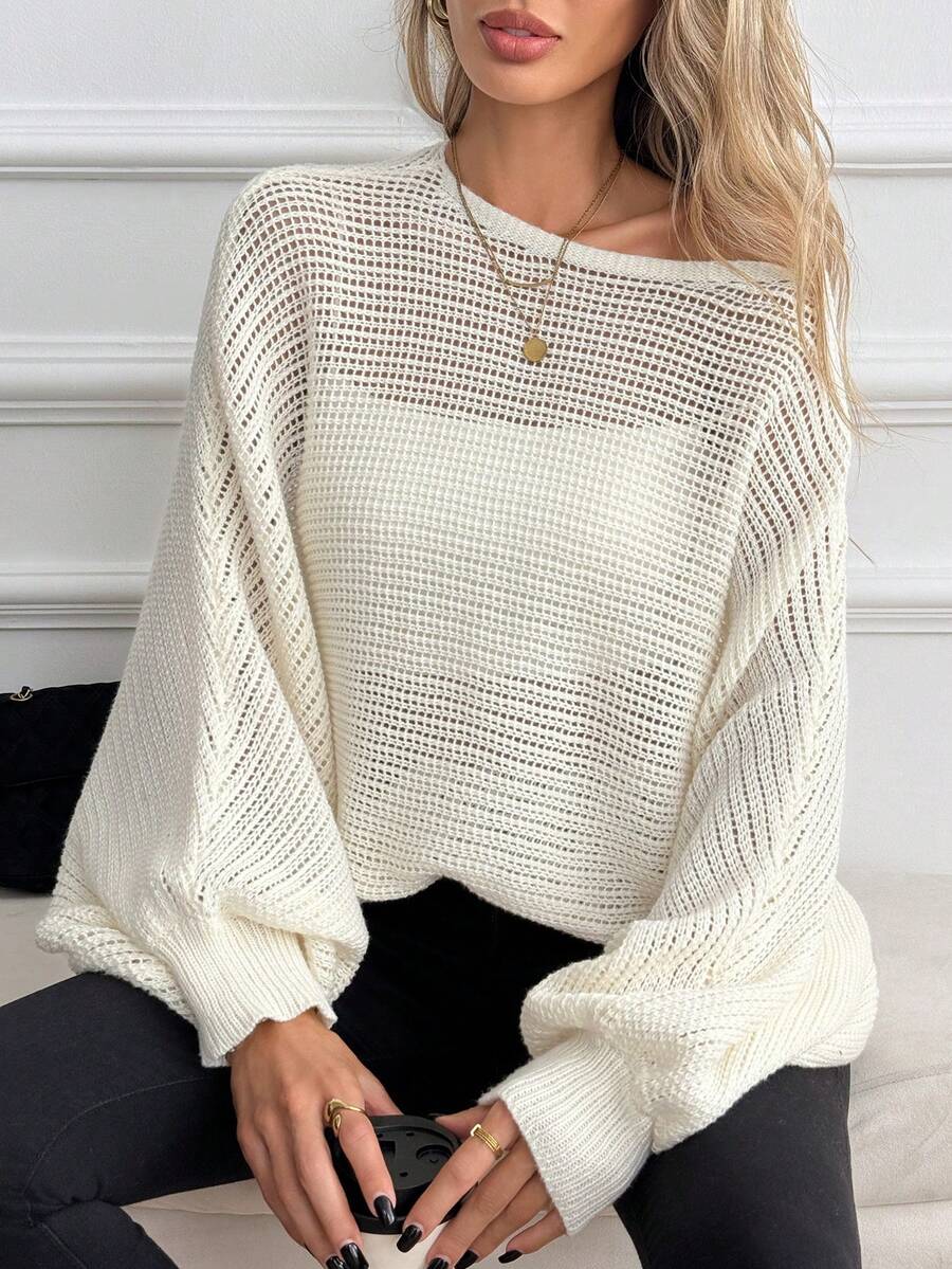 SHEIN Sweater Rajut Wanita Gaya Kelelawar Berongga, Modis, Kasual, Klasik, Serbaguna, Cocok untuk Liburan, Makan Siang, Warna Krem Putih, Musim Gugur - Aprikot - View 1