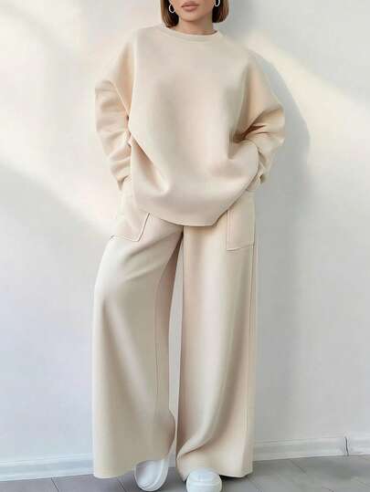 EMERY ROSE Women's Solid Color Round Neck Long Sleeve Top And Pocket Loose Pants 2 Pieces Set
