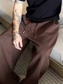 DAZY Spring/Autumn Loose Brown Elastic Waist Pleated Design Men's Sweatpants - Brown - View 4