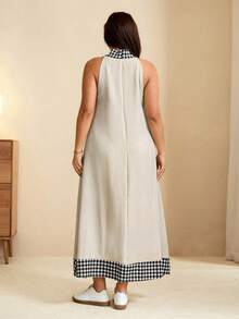 Edennvi Plus Size Summer Casual Traditional Plaid Patchwork Sleeveless Dress Formal Vacation Grey And Pink - Multicolor - View 2