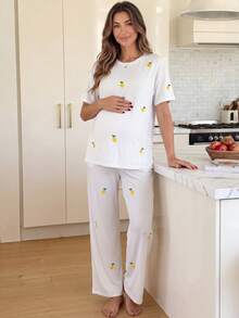 GentleRue Maternity Maternity Casual Lemon Embroidery T-Shirt And Pants 2 Pieces Set - White - View 2