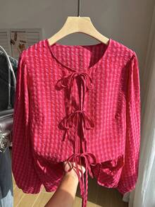 Comfortcana Plus Size Plaid Minimalist Tie-Front Ruffle Hem Blouse Fall - Watermelon Pink - View 3