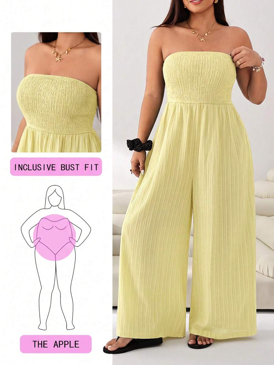 Solflare Plus Size Women Solid Color Ruched Casual Daily Strapless Jumpsuit Wide Leg Pants - Yellow - View 1