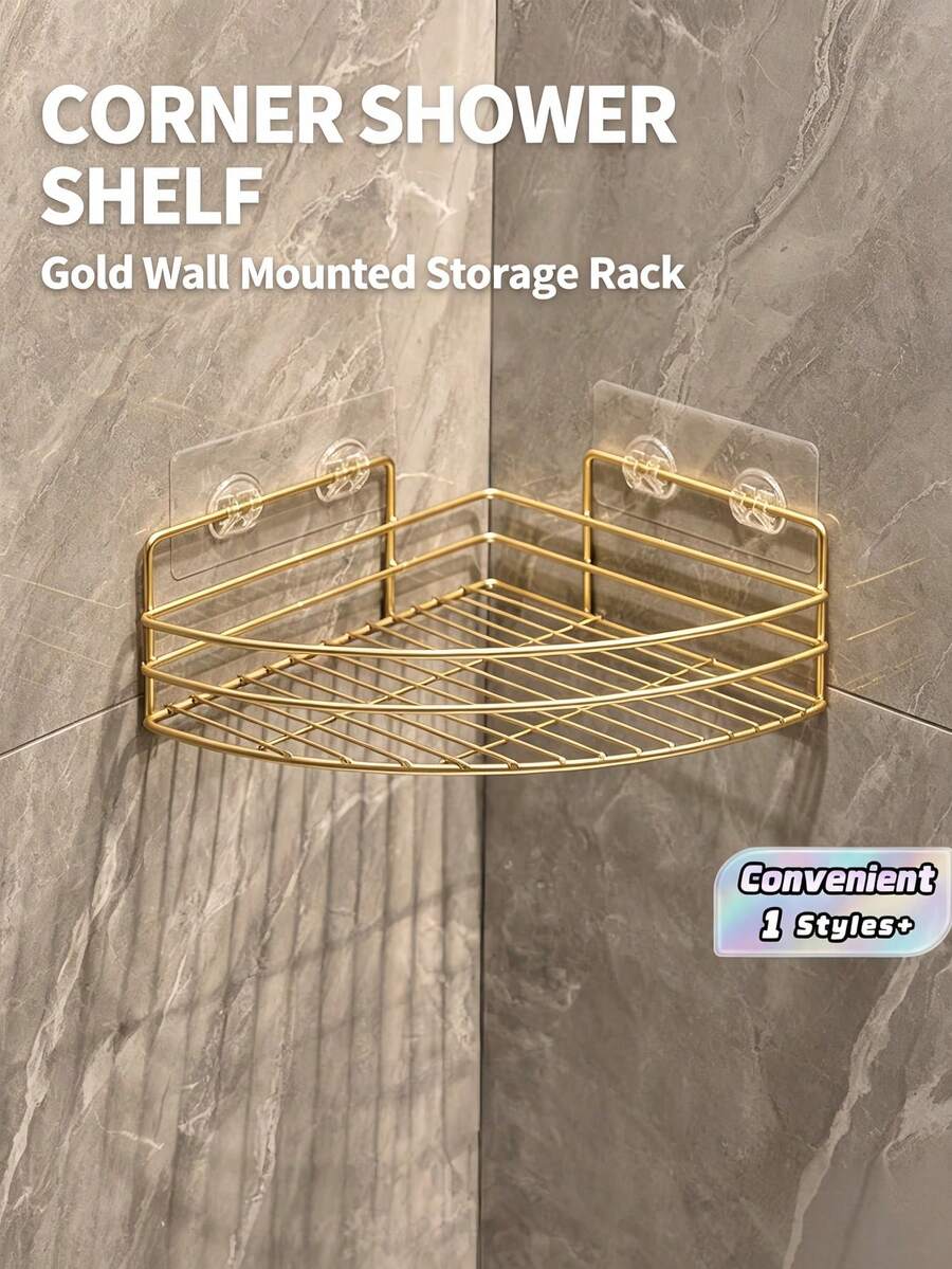 Bathroom Triangular Storage Rack Without Drilling Holes, Suitable For Showers, And For Storing Shampoo And Body Wash Products. - Gold - View 1