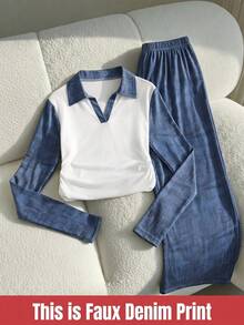 SHEIN Explorewe Conjunto de camiseta y pantalones con bloques de color y patchwork para adolescentes - Azul - Ver 2