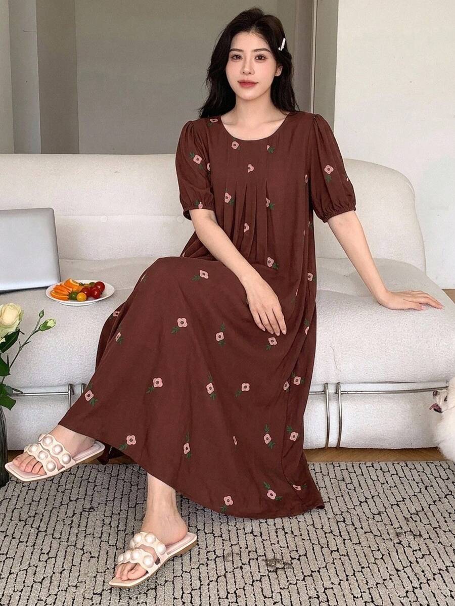 DAZY 花卉印花輕盈長洋裝夏季女款睡裙 - 棕色 - 查看 1