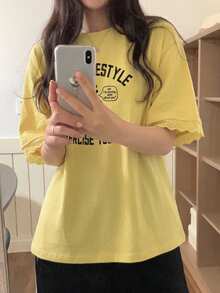 DAZY 女款圓領圖案印花蕾絲飾邊短袖T恤，春夏可愛上衣 - 黃色 - 查看 8