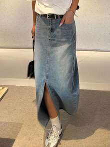 Dazy Tall Women's Front Slit Straight Long Denim Skirt, Casual Chic Fall - Medium Wash - View 6
