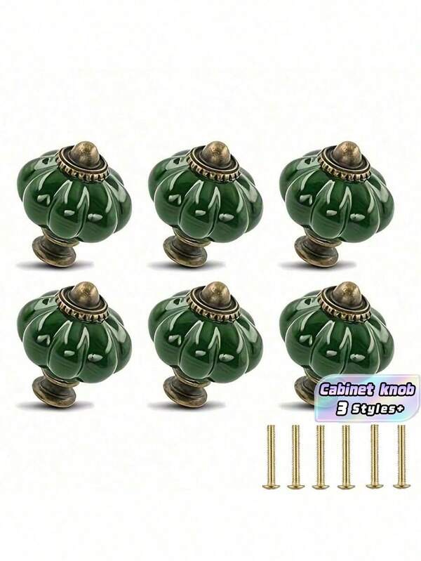 6 Retro Dark Green Ceramic Cabinet Knobs, 1 Set Of Dressing Table Knobs, Drawer Handles And Handles With Mounting Screws