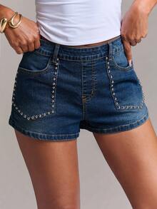 SHEIN BAE Women's Casual Versatile Denim Shorts With Pockets For Daily Wear - Dark Wash - View 5