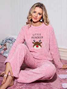 SHEIN Little Reindeer Embroidered Plush Lounge Cute Casual Pajama Set Sleep Home Pink Light Pink - Pink - View 8