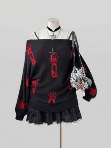 Sunspun 萬聖節大尺碼女款 Y2K 街頭風 女王皇冠字母 Q 提花寬鬆船領蝙蝠袖上衣，適合秋冬 - 黑色 - 查看 1
