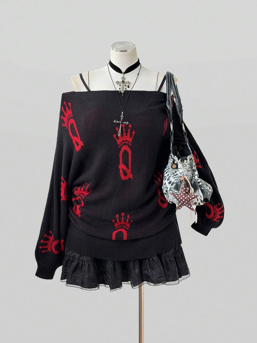 Sunspun 萬聖節大尺碼女款 Y2K 街頭風 女王皇冠字母 Q 提花寬鬆船領蝙蝠袖上衣,適合秋冬 - 黑色 - 查看 1