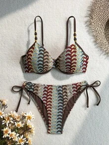 Swim Chiccia Spring/Summer Best-Selling Beach Vacation Casual Textured Jacquard Fabric Adjustable Shoulder Strap Cup Top With Decorative Trim Hem Steel Wire Support Back Buckle + Textured Special Fabric Side Tie Bow Triangle Bikini Bottom Summer Outfit Cute Luxury 2-Piece Set - Multicolor - View 2