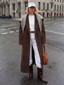 Struktiv Vintage Coffee Faux Suede Trench Coat, Notch Collar Adjustable Cuff Side Pocket Outerwear - Coffee Brown - View 6