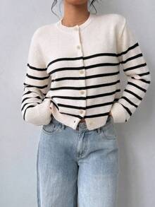 SHEIN BASICS 女款休閒法式海岸風黑白條紋針織衫 ( )，優雅秋季/約會早午餐日間、正式、辦公、工作 - 黑色 - 查看 7