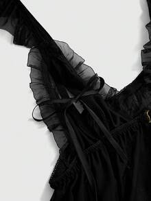 ROMWE Goth Conjunto de lencería sexy de malla transparente gótica oscura con camisón y tanga - Negro - Ver 3