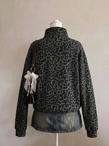 SHEIN EZwear 女款經典豹紋半拉鍊運動衫，灰色深藍色，休閒復古 70 年代街頭風，Y2K 復古，秋冬日常上衣 - 彩色 - 查看 2