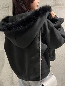 Dazy Tall Women's Hooded Fur Collar Patchwork Loose Open Front Cropped Sweatshirt Fall - Black - View 7