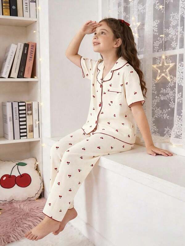 SHEIN Tween Girls Apricot Cute Cherry Print Long Pants & Short Sleeve Casual Loose 2 Pieces Pajamas Set