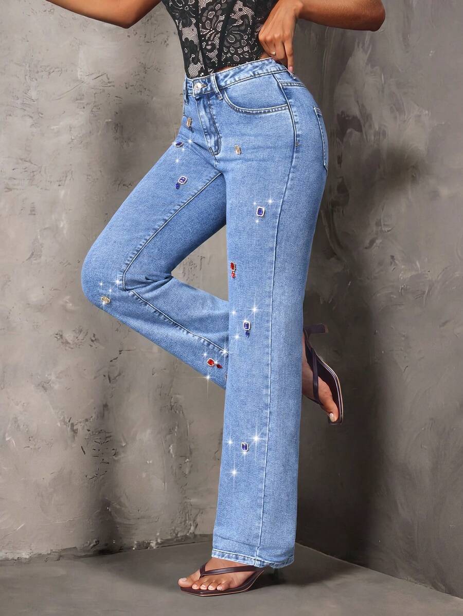 SHEIN SXY Women's Casual Daily Denim Jeans With Pocket, Button And Colorful Rhinestone Decoration - Blue - View 1