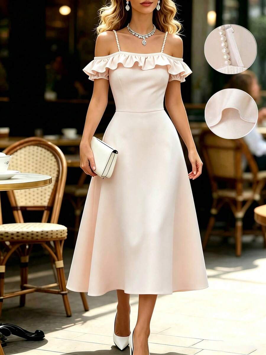SHEIN Women's Elegant Summer Cream White Pearl Spaghetti Strap Dress,French One-Shoulder Ruffled Off-Shoulder Formal High-Waisted Mid-Length Dress - Apricot - View 1