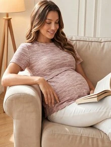 GentleRue Maternity 粉色V領荷葉袖哺乳上衣 孕婦夏季休閒日常孕婦T恤 新手媽媽大肚友善款 - 彩色 - 查看 1