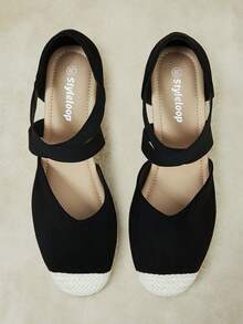 Styleloop Sandalias de tacón alto para mujer con tiras cruzadas de goma y cuerda de paja - Negro - Ver 2
