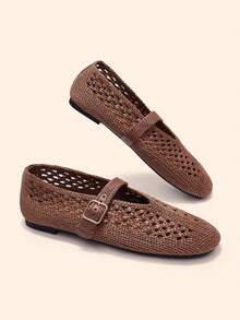 CUCCOO BASICS Ladies' Shoes With Hollowed Out Weaving And A Single Buckle With A Flat Bottomed Retro Low Vamp Mary Jane Shoes, Versatile For Daily Use Fall Shoes - Coffee - View 1