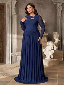 Aureia 2026 New Elegant Deep Royal Blue Mesh One-Shoulder Slimming Ruched Asymmetrical Twisted Split A-Line High Slit Dress, Suitable For Wedding Events, Bridesmaid Gown, All Formal Occasions, Heavy Embellished Evening Gown - Blue - View 2