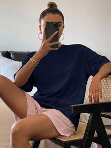 DAZY 女款純色寬鬆短袖上衣與短褲兩件套居家服 - 藍色 - 查看 4
