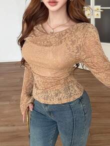 Feyla Women's Lace Pleated Fitted Versatile Daily Casual T-Shirt - Coffee Brown - View 2