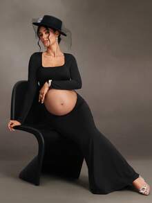Cheriluna Maternity Maternity Solid Color Cutout Design Long Sleeve Summer Dress - Black - View 7