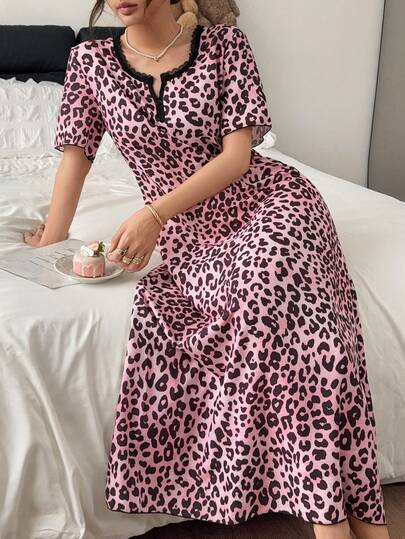Napfluff Women's Standard Size Leopard Print Pink Base Tie-Dye Effect Short Sleeve Nightgown, Lace Patchwork Design, Asian Style Short Sleep Dress, Suitable For Home Wear And Outdoor Wear