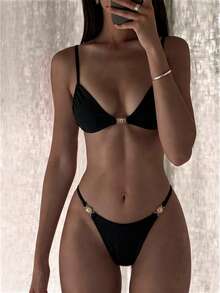 Swim Mod Conjunto de bikini de mujer de unicolor con tirantes finos y decoración metálica para primavera/verano - Negro - Ver 4