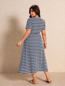 Elaquor Plus Size Vacation Casual Navy Blue Dress Vacation Summer - Navy Blue - View 2