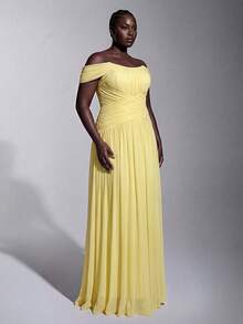 Elitara 大尺碼優雅浪漫露肩透視 3/4 袖奢華蕾絲拼接彈性網紗緊身魚尾裙擺附拖尾重工裝飾晚禮服，適合婚禮派對慶典、新娘與新娘母親 - 黃色 - 查看 4
