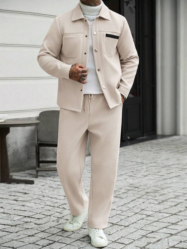 Manfinity Homme Beige Wool Men's Business Suit With Collar And Pocket Details, Street Style Men's Wool Two Pieces Set, Autumn And Winter Clothing