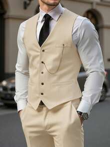 Manfinity Mode Men's Solid Color Waistcoat And Suit Pants Business Formal Set Wedding Suit For Ceremony - Beige - View 1