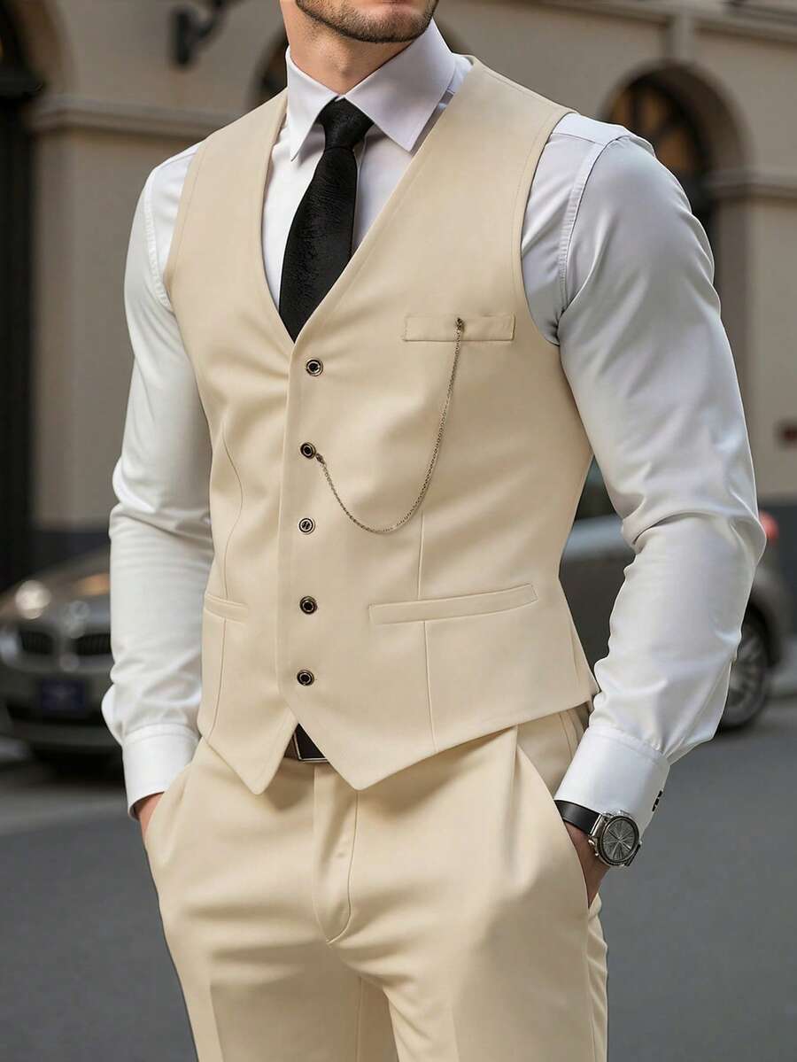 Manfinity Mode Men's Solid Color Waistcoat And Suit Pants Business Formal Set Wedding Suit For Ceremony - Beige - View 1
