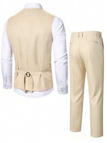 Manfinity Mode Men's Solid Color Waistcoat And Suit Pants Business Formal Set Wedding Suit For Ceremony - Beige - View 2