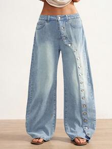 Bohemela Celana Jeans Denim Kasual Wanita dengan Kancing Depan - Light Wash - View 6