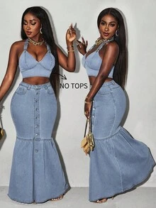 Slaydiva Women's Single Button Pocket Fisherman Style Casual Denim Mid-Length Skirt - Light Wash - View 7