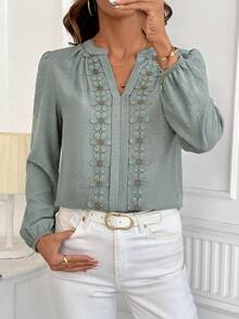 SHEIN Clasi Women's Elegant Romantic Decorative Ribbon Long Sleeve Blouse Teachers' Day Office Tea Party Sage Green Floral Summer - Green - View 3